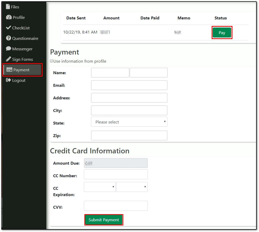 Image showing the payment window that a taxpayer sees when inside their Drake Portals account.